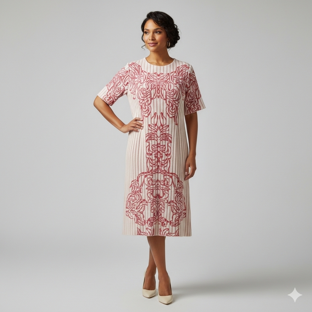 $265 Ming Wang Jacquard Knit Dress Pink and White Size Large NWT